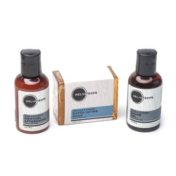 Heliotrope Shaving Travel Sampler bottles and shave soap