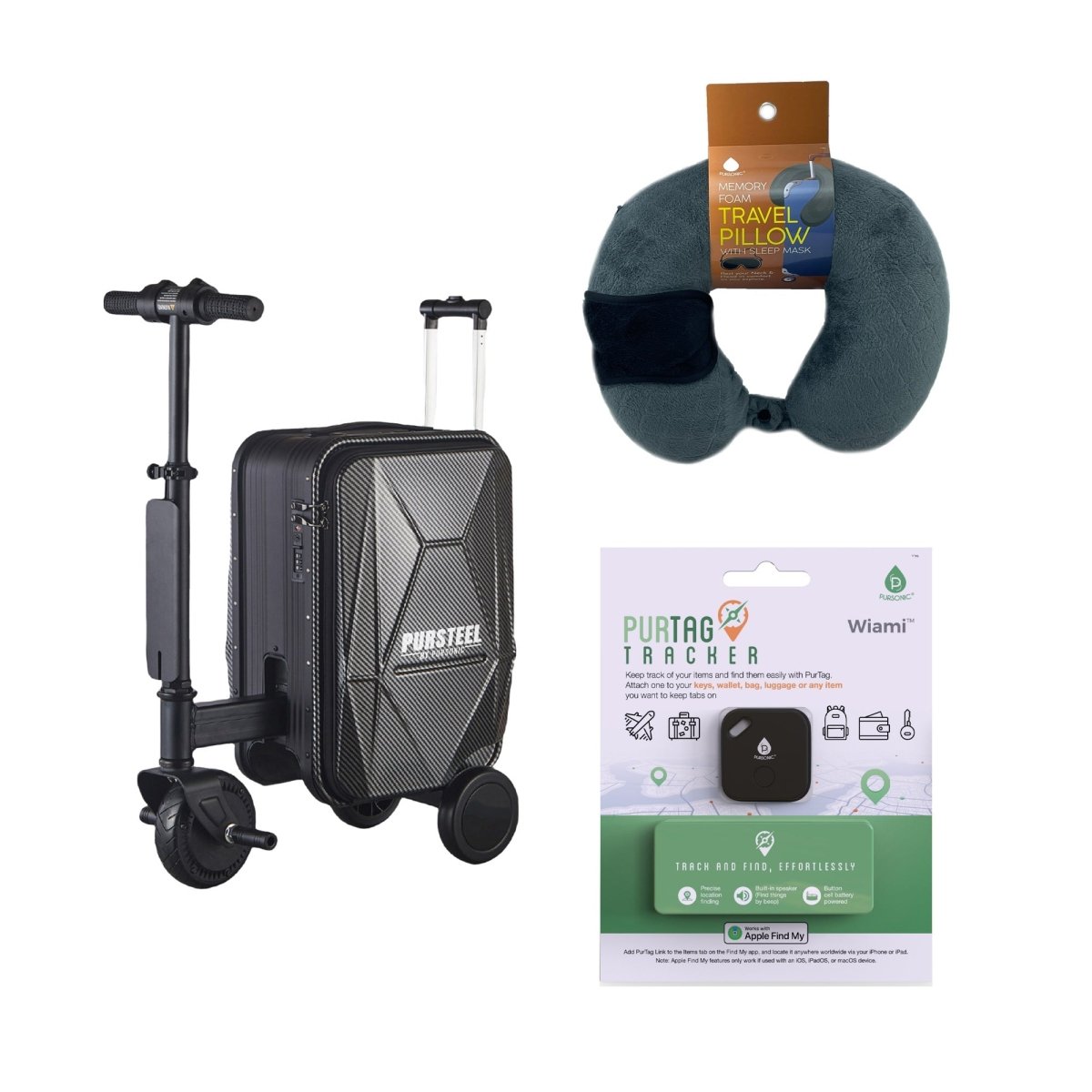 Smart Tech & Comfort Travel Bundle: Electric Luggage, Tracker & Pillow - 3ozs