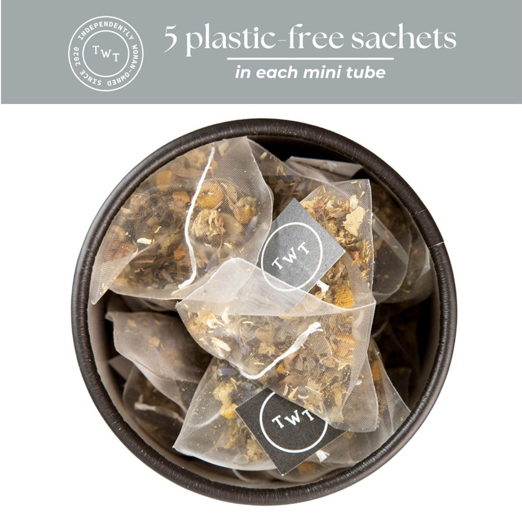 Spa Bliss Mini Tea Tube – Calming Herbal Blend (5 Sachets) with travel size essentials.