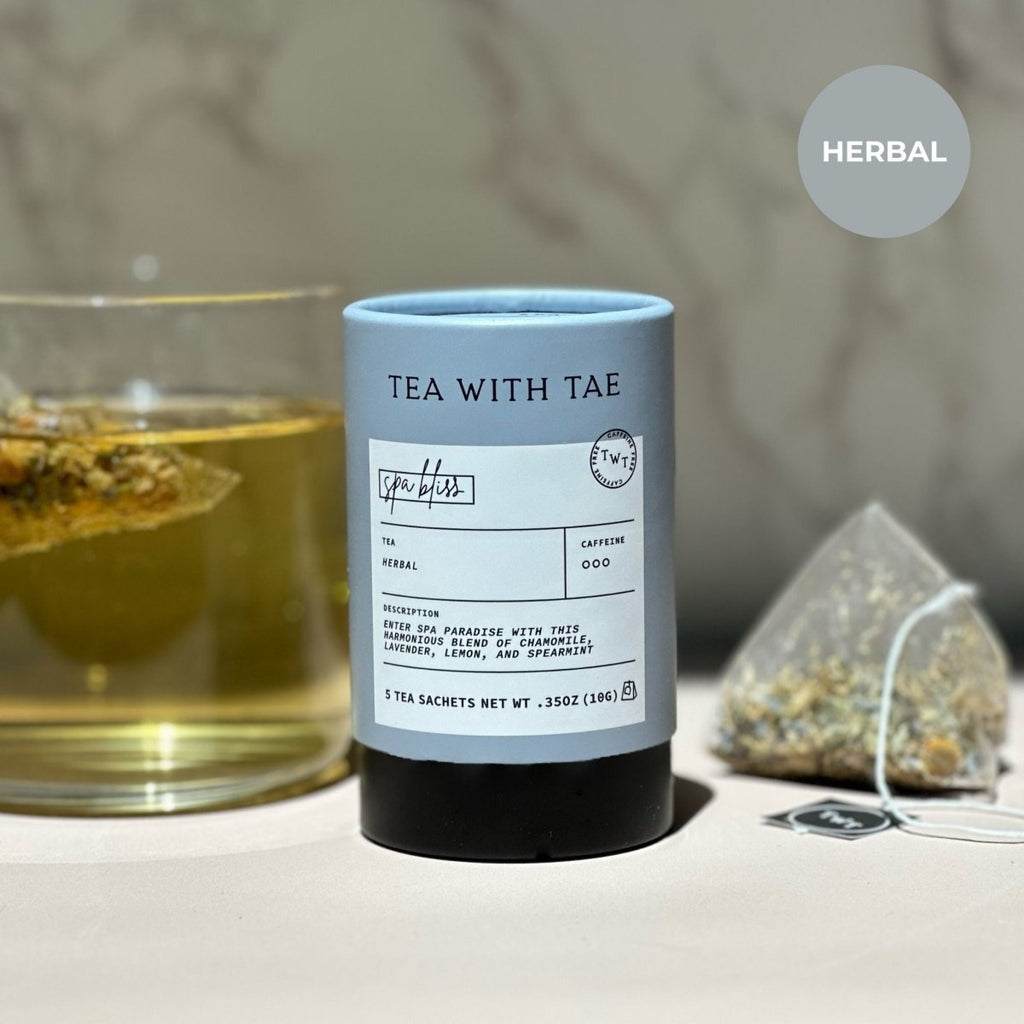 Spa Bliss Mini Tea Tube – Calming Herbal Blend (5 Sachets) with herbal tea sachet.