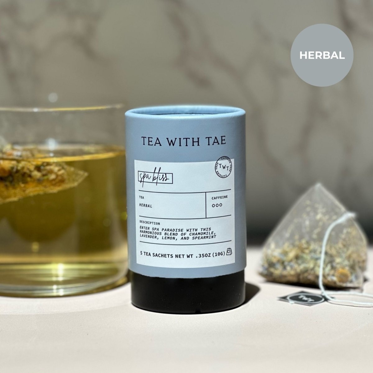 Spa Bliss Mini Tea Tube – Calming Herbal Blend (5 Sachets) with herbal tea sachet.