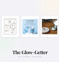 The Glow-Getter collage: sheet mask, cleansing balm and compact mirror