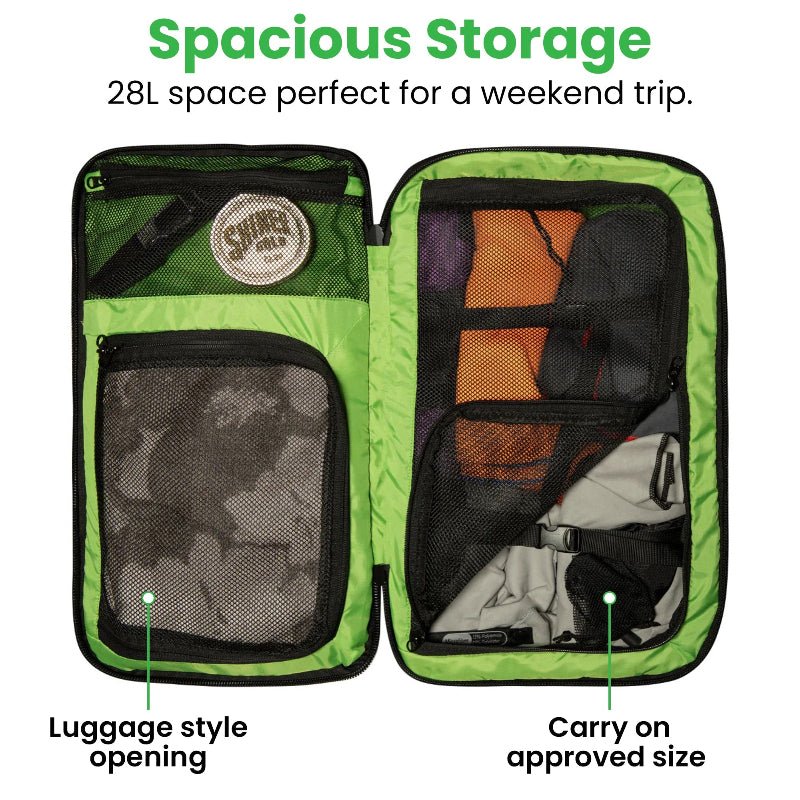 Green travel packing cube with compartments and text highlighting storage capacity and features.