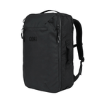 Black backpack with visible branding on a white background