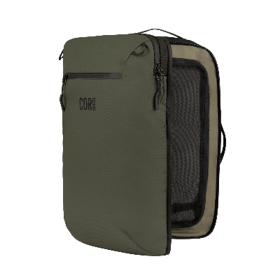 Green backpack with a visible brand logo on a white background