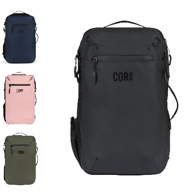 Black backpack with 'COR' logo, shown with smaller images of navy, pink, and green backpacks.