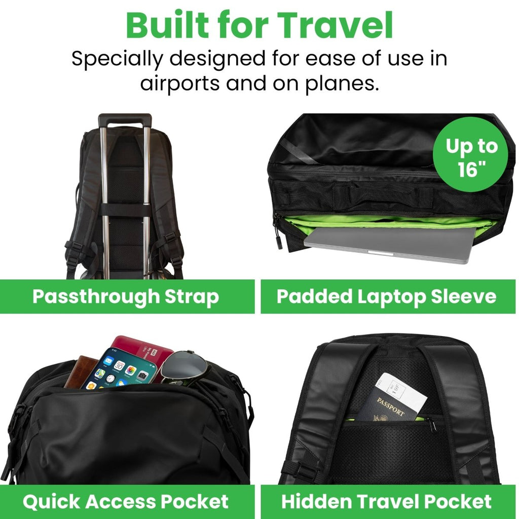 Black travel backpack with features highlighted on a white background