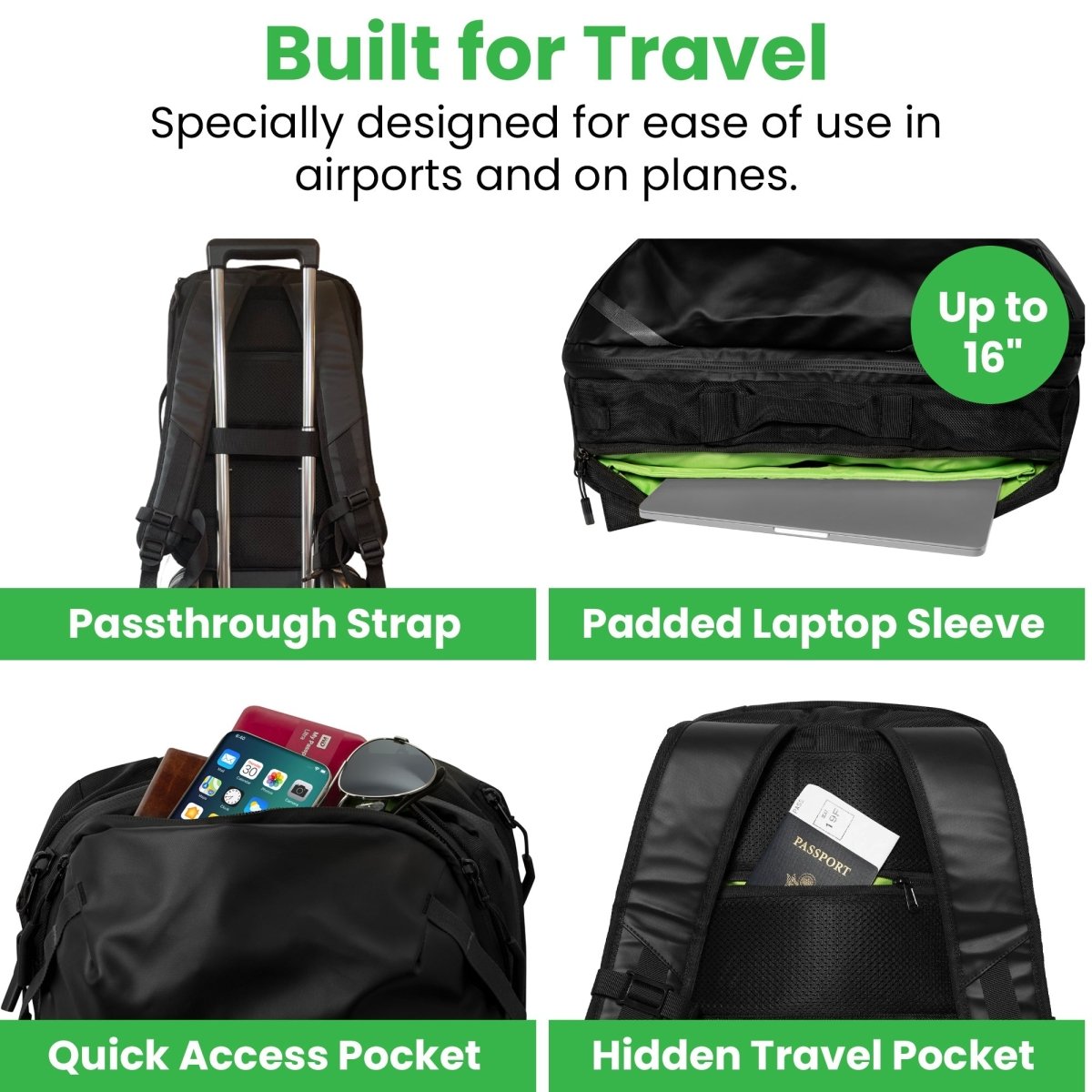 Black travel backpack with features highlighted on a white background
