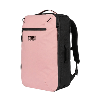 Pink and black backpack with 'COR' branding on a white background