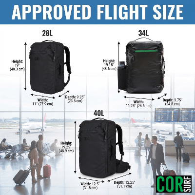 Dimensions of black backpacks with an airport background, showing 'Approved Flight Size' text.