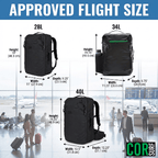 Dimensions of black backpacks with an airport background, showing 'Approved Flight Size' text.