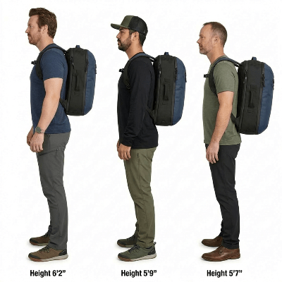 Three men wearing backpacks of different sizes to show how they fit on people of varying heights.