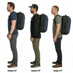 Three men wearing backpacks of different sizes to show how they fit on people of varying heights.