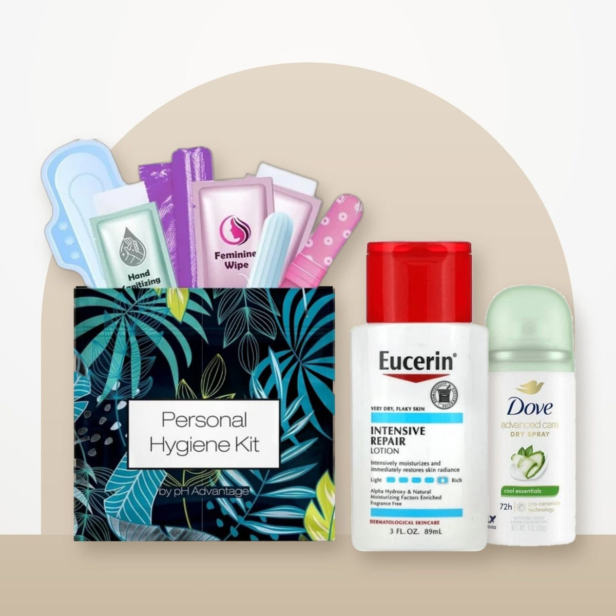 The Just-in-Case Add-On Bundle from 3ozs: pH Advantage personal hygiene kit, Eucerin Intensive Repair lotion 3 oz and Dove Advanced Care Dry Spray in Cool Essentials