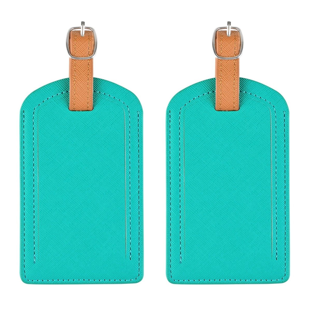 The Luggage Tag in vibrant turquoise PU leather design.