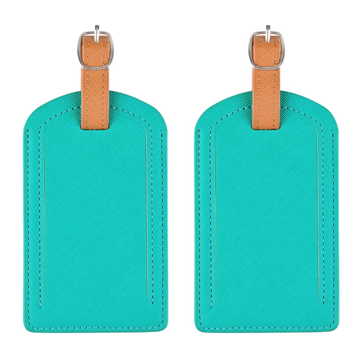 The Luggage Tag in vibrant turquoise PU leather design.