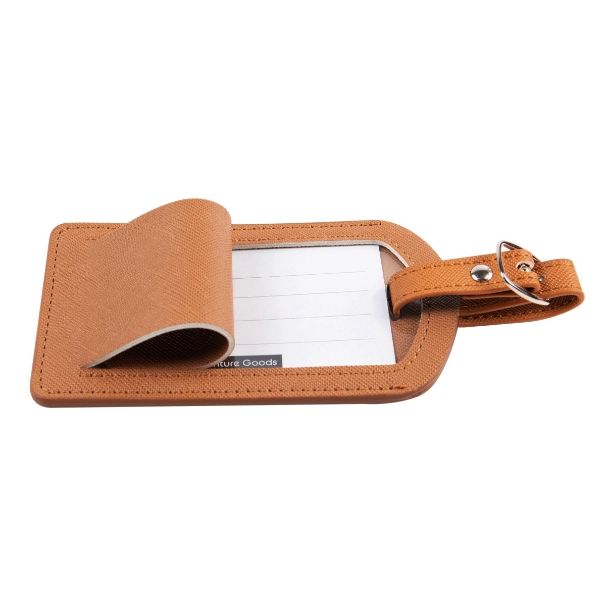 The Luggage Tag in tan PU leather, travel size essentials.
