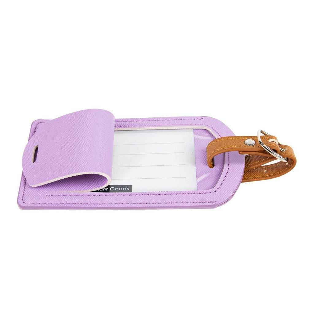The Luggage Tag in purple PU leather with a buckle strap.