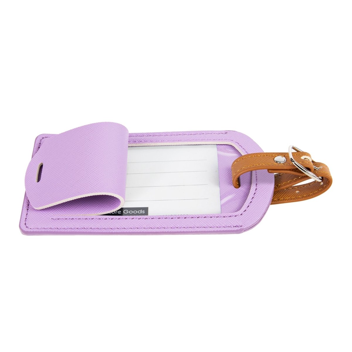 The Luggage Tag in purple PU leather with a buckle strap.