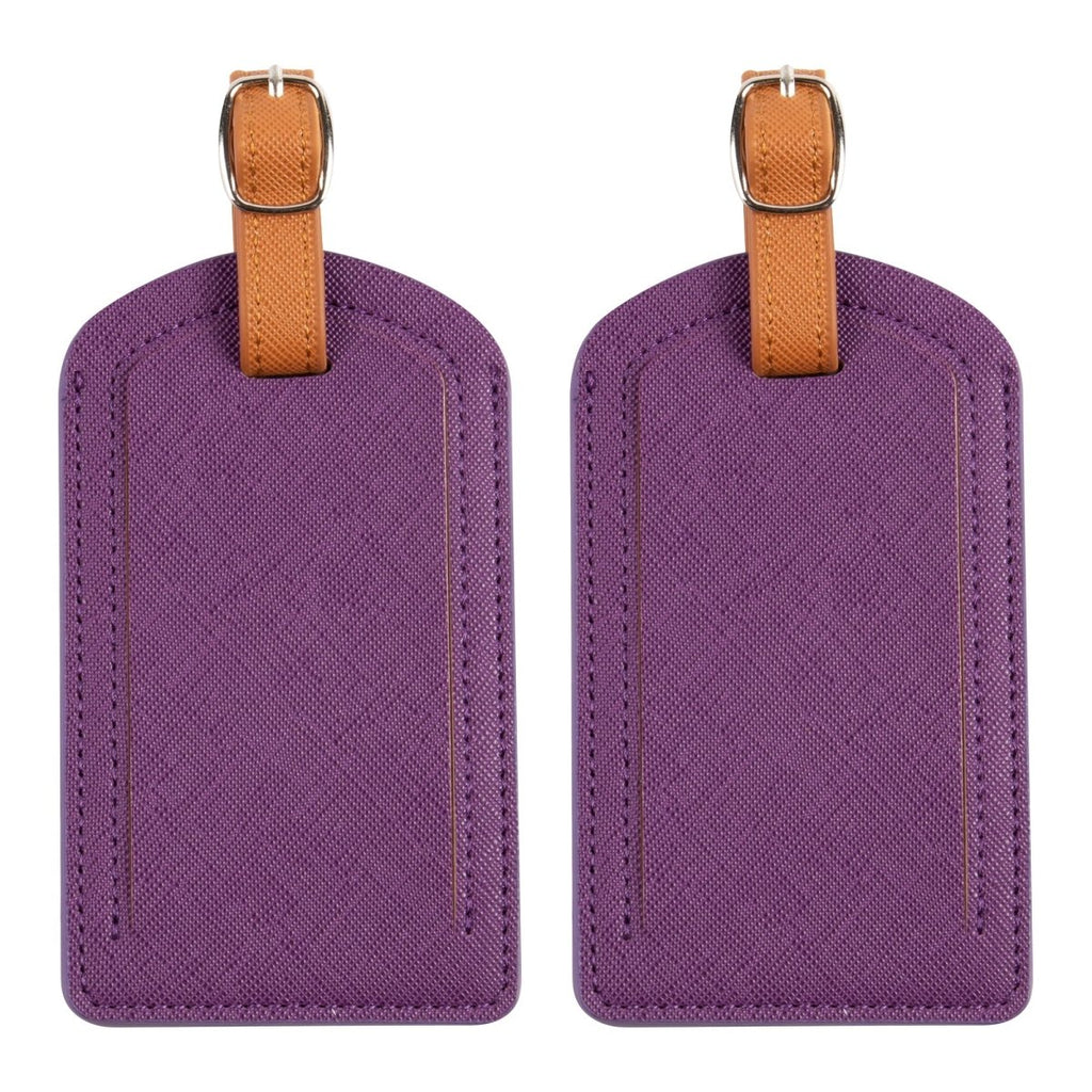 The Luggage Tag in vibrant purple color with leather strap