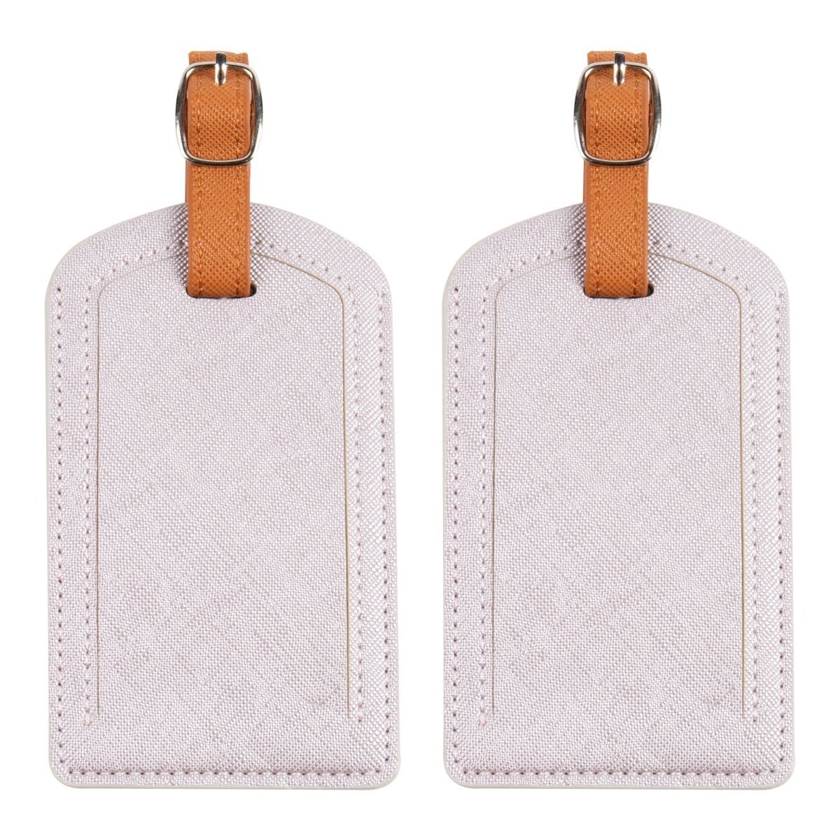 The Luggage Tag in light color with brown strap.