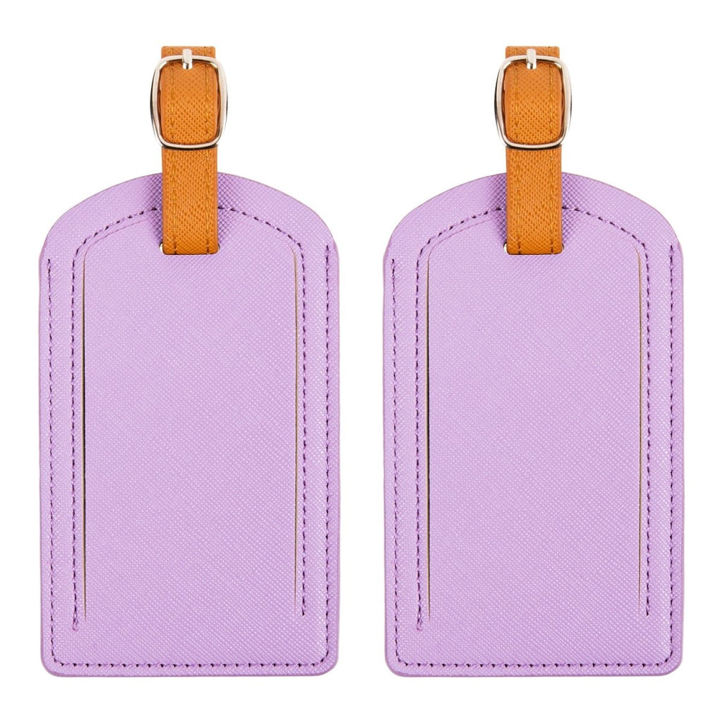 The Luggage Tag in purple with orange strap for travel.