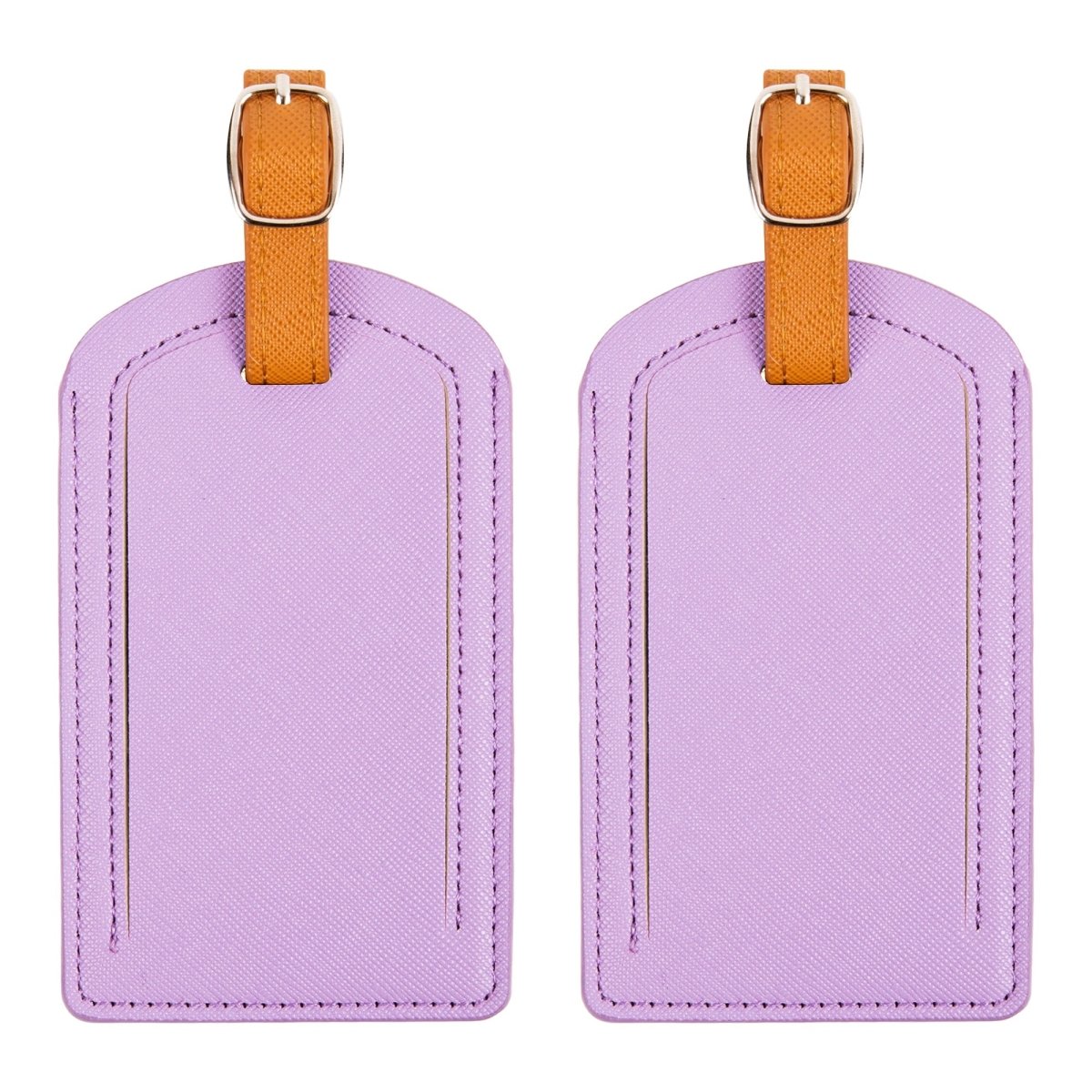 The Luggage Tag in purple with orange strap for travel.