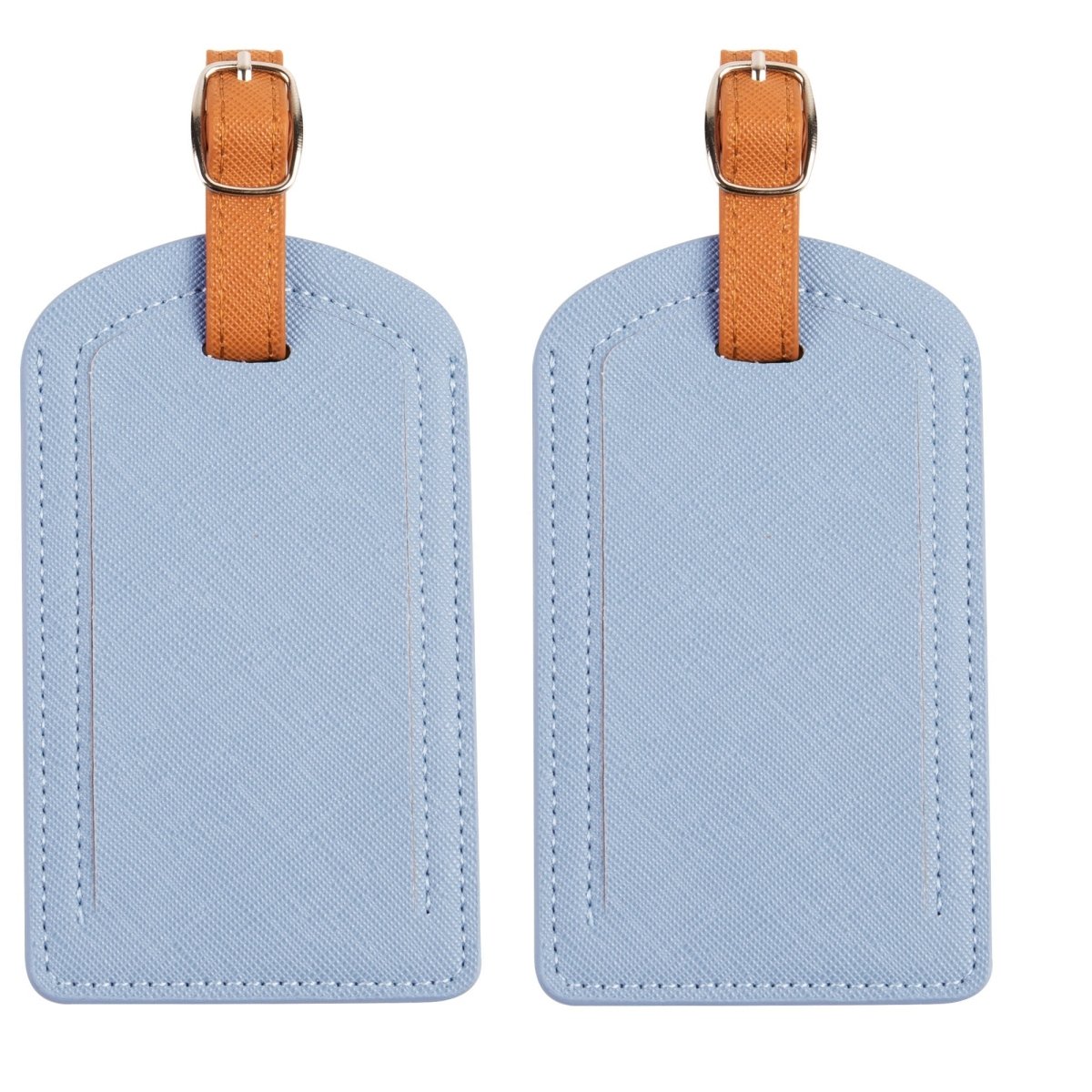 The Luggage Tag in blue PU leather, perfect for travel.