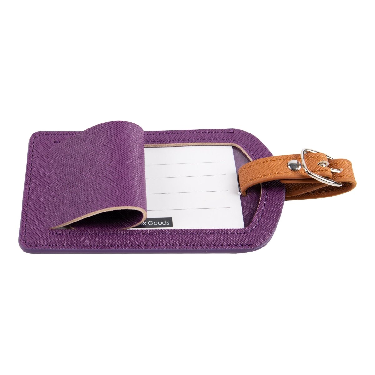 The Luggage Tag in purple PU leather with tan strap.