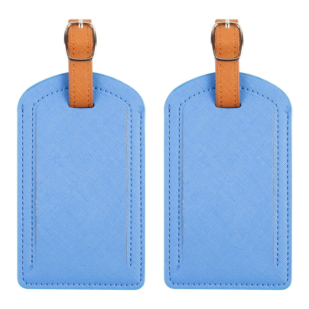 The Luggage Tag in blue PU leather design for travel.