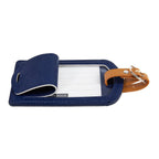 The Luggage Tag in navy PU leather, perfect for travel.