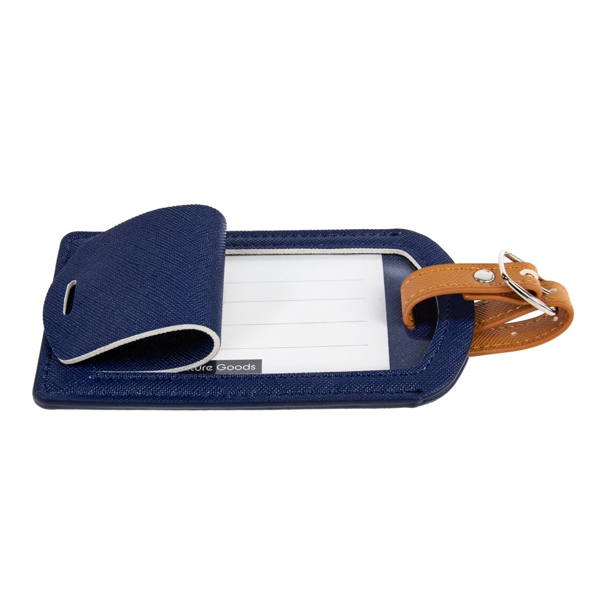 The Luggage Tag in navy PU leather, perfect for travel.