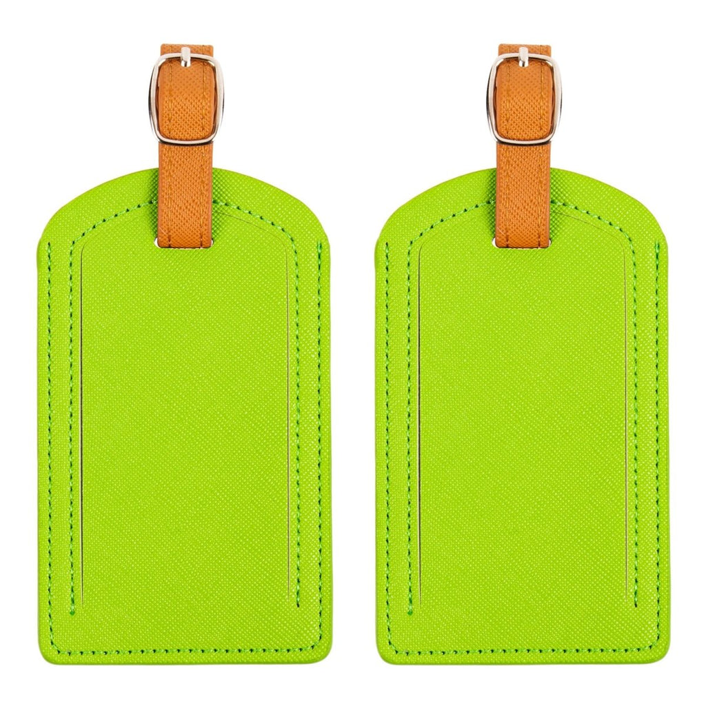 The Luggage Tag in vibrant green with orange strap.