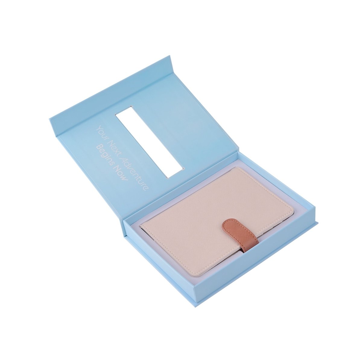 The Passport Wallet in blue packaging, secure travel organizer.