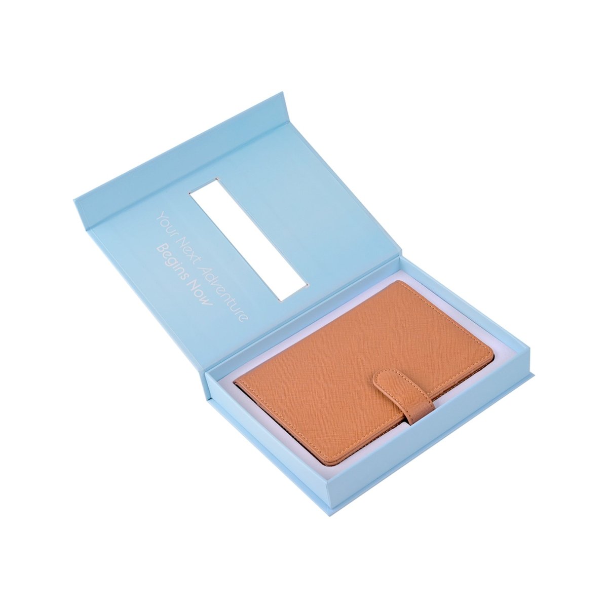 The Passport Wallet in an open gift box for travel essentials.