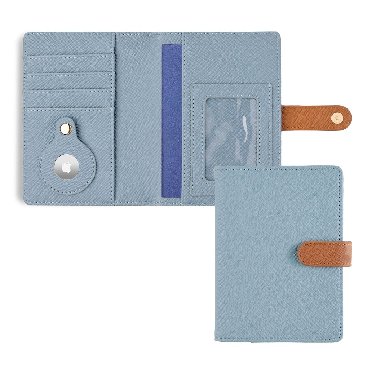 The Passport Wallet in light blue with card slots and secure flap.