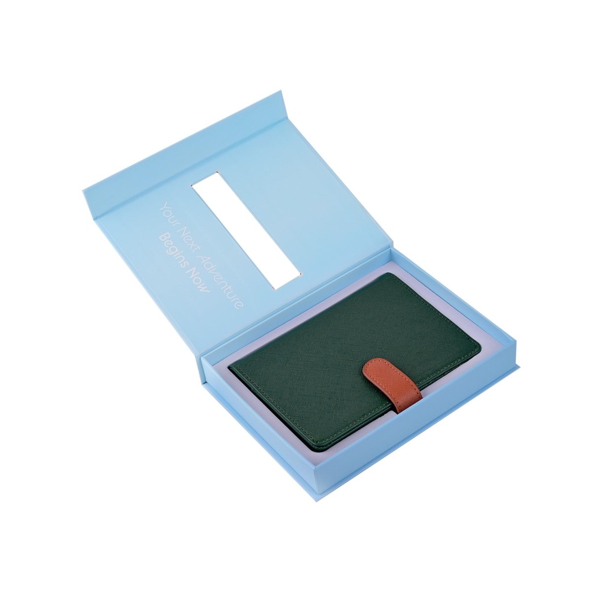 The Passport Wallet in stylish packaging for travel size essentials.