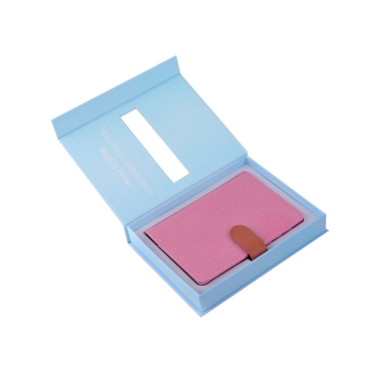 The Passport Wallet in a stylish pink box for travel essentials