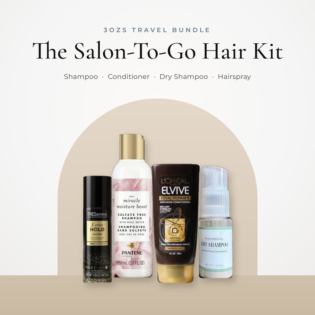The Salon-To-Go Hair Kit from 3ozs: TRESemmé Extra Hold hairspray, Pantene sulfate-free rose water shampoo, L’Oréal Elvive Total Repair 5 conditioner and eucalyptus cedarwood dry shampoo