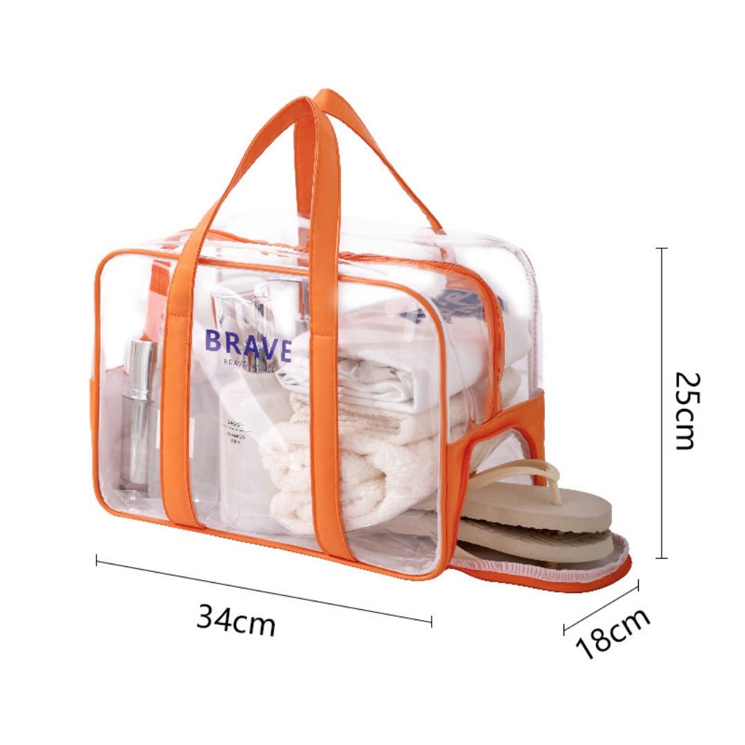 The Shoreline Transparent Wet/Dry Bag with travel essentials