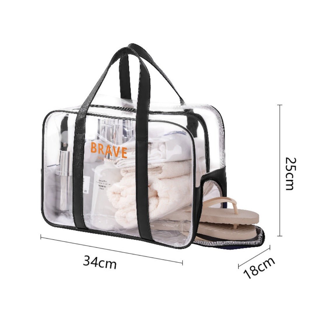 The Shoreline Transparent Wet/Dry Bag with travel size essentials