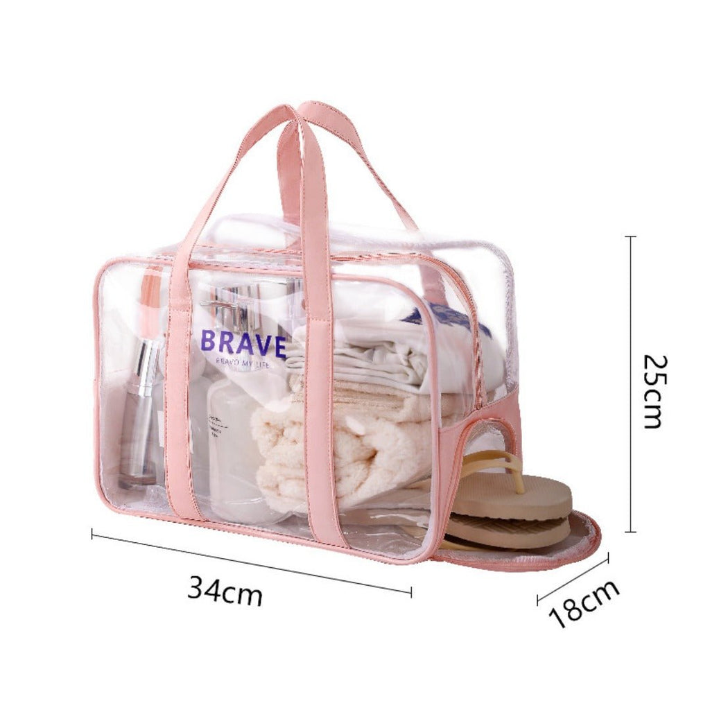 The Shoreline Transparent Wet/Dry Bag with organized toiletries