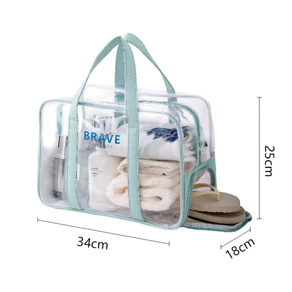The Shoreline Transparent Wet/Dry Bag with toiletries and towels