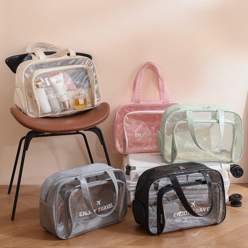 The Shoreline Transparent Wet/Dry Bag in various colors, ideal for travel size essentials.