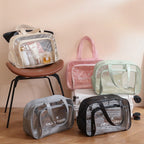 The Shoreline Transparent Wet/Dry Bag in various colors, ideal for travel size essentials.