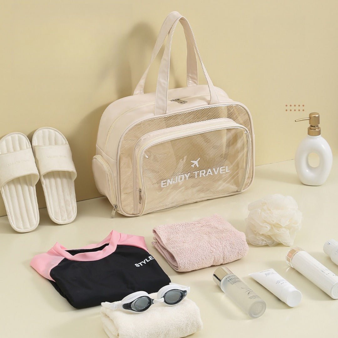 The Shoreline Transparent Wet/Dry Bag with travel size essentials