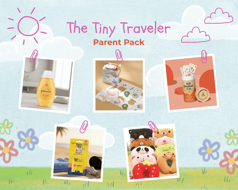 Thin travel Pack including shampoo, mats, bandages, sunscreen, and travel pillows on children's sky and grass background. 