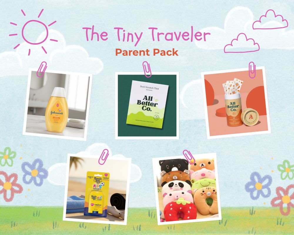 The Tiny Traveler Parent Pack: Johnson's Baby Shampoo, Don't Scratch That itch patches, All Better Co. bamboo bandage tube, Banana Boat Kids Sport sunscreen stick and animal-shaped kids' travel pillows