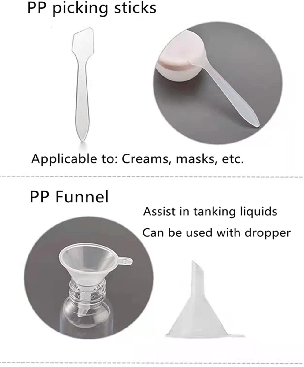 The Ultimate 11-Piece Refillable Travel Kit components: PP picking sticks and funnel for travel size essentials.