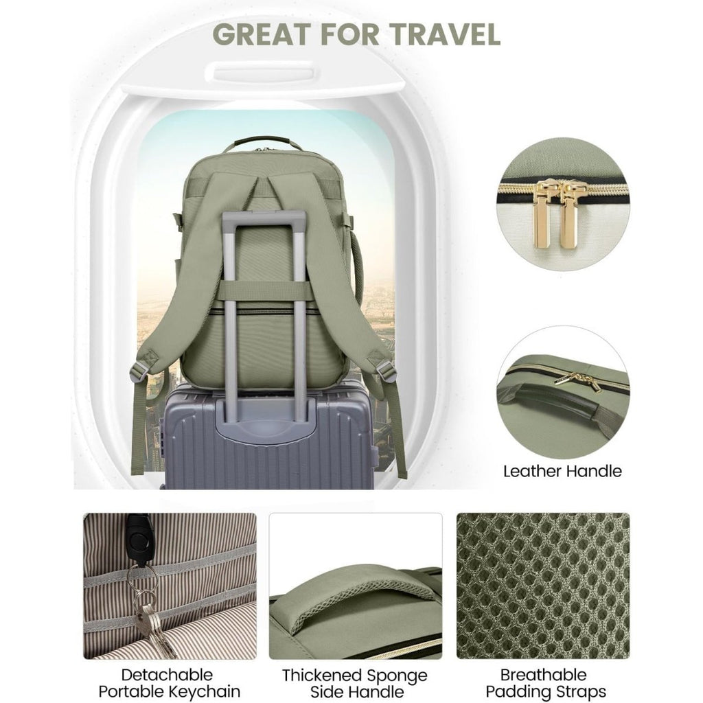 Green travel backpack with features highlighted on a white background